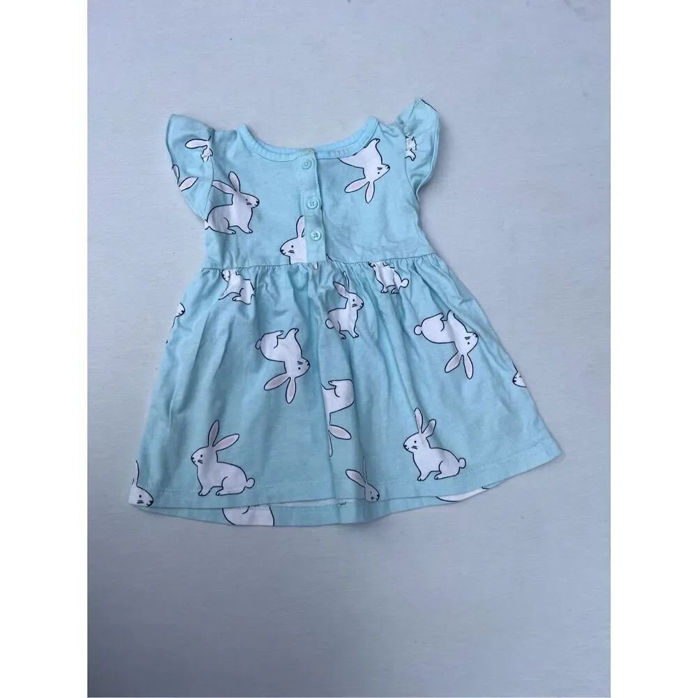 Carters toddler  Girls Aqua Blue Bunny Rabbit Flutter Sleeve A-Line Dress 12 mo